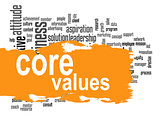 Core values word cloud with yellow banner