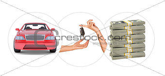 Car with hands and bundle of money