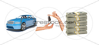 Blue car with hands and bundle of money