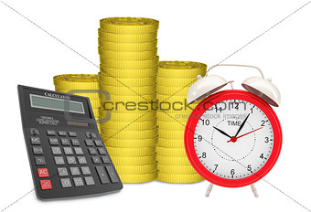 Piles of gold coins with alarm clock