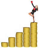 Businesslady in boxing gloves on gold coins stack 
