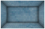 empty futuristic room with blue mosaic walls 