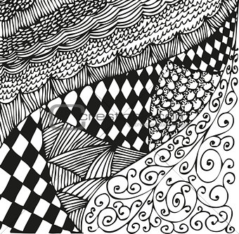 Background with doodling hand drawn patterns. Curls, waves, chessboard