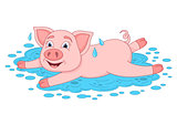 Funny piggy lies and smiling on water puddle