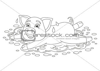 Piggy standing on water puddle, coloring book page
