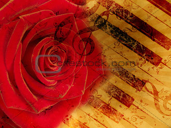 Vintage background with red rose and notes