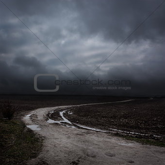 Night Landscape with Country Road and Dark Clouds