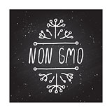 Non GMO - product label on chalkboard.