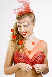 Photo of blond woman with hearts over white