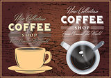 patterns of coffee with inscriptions on background with texture of wood