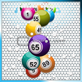 Bingo balls breaking a white 3D circular tiles wall