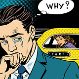 man weeps his woman is leaving by taxi