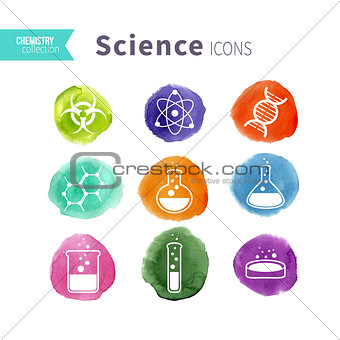 Science icons watercolor blots set