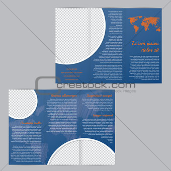 Flyer brochure template design with world map and photo containe