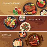 street food web banner, steak , maxican tacos, barbecue