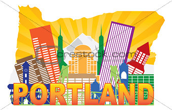 Portland Oregon Skyline in State Map Outline