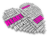 3d group of words shaping a heart with pink white text