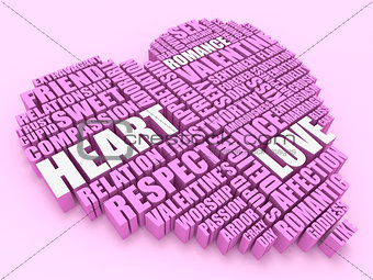3d group of words shaping a heart with pink background