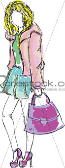 Drawn colored young girl with bag