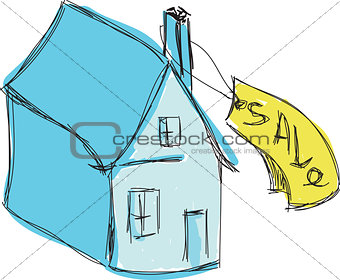 Drawn colored blue house for sale