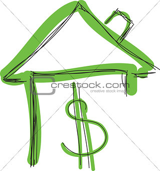 Drawn colored green house with dollar sign