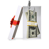 Bundle of money in gift box on white