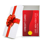 Credit card in gift box on white