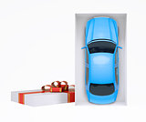 Car in gift box on white