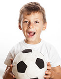little cute boy playing football ball isolated