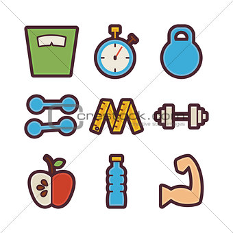 Fitness and Dieting Items Modern Flat Icons Set