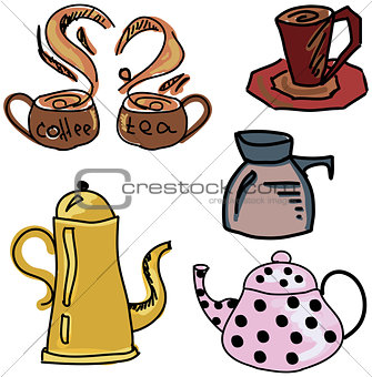 Colored drawn picture with coffee and tea stuff