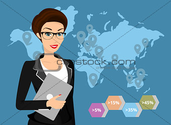 Business woman holds laptop in her hand