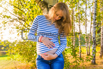 Portrait of the pregnant beautiful girl in the autumn park