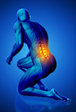 3D male medical figure with lower spine highlighted in kneeling 