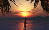 3D female in the sea at sunset 
