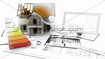 3D house and computer with plans - some in sketch phase