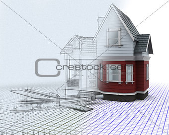 Â£d timber house on a grid with drawing instruments with half sk
