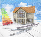 3D house on plans against a cloudy blue sky