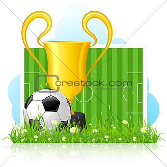 Soccer Ball with Trophy on Green Grass
