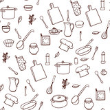 Seamless pattern with hand drawn cookware on the lined paper