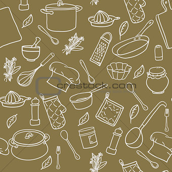 Seamless pattern with hand drawn cookware