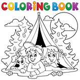 Coloring book kids camping in forest