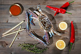 Raw blue crab and ingredients