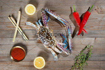 Raw blue crab and ingredients on wood plank