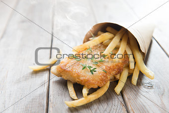Fish and chips wrapped in paper cone