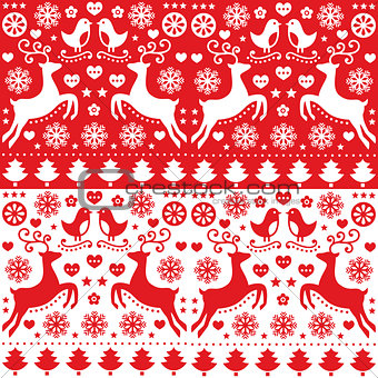 Christmas seamless red pattern with reindeer - folk style