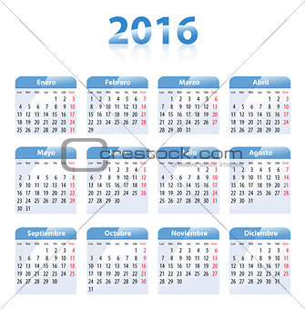 Blue glossy calendar for 2016 in Spanish