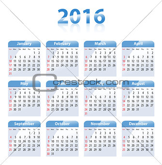 English blue glossy calendar for 2016
