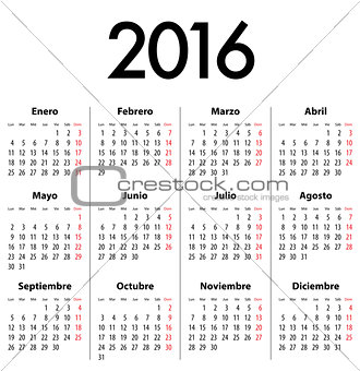 Spanish Calendar for 2016. Mondays first