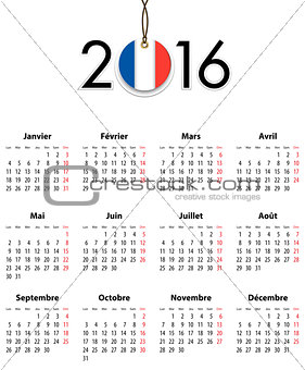 French Calendar grid for 2016 with flag like tag